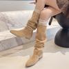Botas de Caballero para Mujer 2025 Otoño/Invierno Botas Retro Slouch Botas Altas Francesas Adelgazantes Tacón Grueso Gamuza Caqui Botas Largas para Mujer