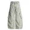 Pantalones Cargo Jiamu Americanos Holgados Silueta Cimitarra Unisex Pantalones Casuales para Hombres y Mujeres Sueltos Pierna Ancha Multibolsillos Plisados