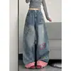ChaoLi tiene en stock jeans bordados de caricatura de Kitty, modelo nuevo 2026, con diseño de dobladillo doblado, pantalones casuales rectos holgados