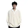 Sudadera con capucha de manga larga y textura de rayas verticales, estilo falso dos piezas patchwork con solapa, para hombre, holgada, casual, con bloques de color y cuello de camisa, top moderno