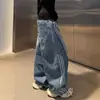 Faca curva design de tamanho grande outono casual calça de perna larga sensação 2025 jeans unissex solto retrô modelador listrado algodão