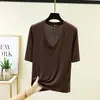 Camiseta Modal Nova Patchwork Gola V Manga Cinco Pontas Feminina Verão Tamanho Grande Elástica Camada Base Solta Casual