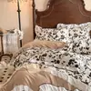 Juego de Cuatro Piezas Jacquard de Algodón y Lino Clase A, Estilo Francés de Lujo Ligero con Encaje Grande, Esquinas Redondeadas y Bordes Fruncidos, Juego de Ropa de Cama con Sábana y Funda de Edredón