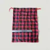 Bolsa de lino y poliéster con bolsillo a cuadros rojos y negros para Navidad, bolsa para guardar dulces y galletas, bolsa de regalo con cordón