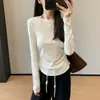 Super confortável de usar~ Gola redonda, caimento regular nos ombros, elástico, franzido, cintura marcada Camiseta base para mulheres, novo Outono 2026 H092409