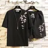 Conjunto Esportivo Casual Masculino de Verão Camiseta de Manga Curta Shorts Conjunto de Duas Peças Solto Respirável Estilo Chinês Par Conjunto Completo