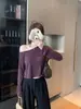 Camiseta básica morada sencilla de manga larga sin hombros para mujer, top base de verano holgado, versátil top corto ajustado sin hombros