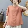 Diseño original, algodón de gasa de doble capa, nueva colección de verano 2025, camisa de cuello redondo, top versátil de manga de tres cuartos, botones de doble fila