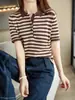 Camiseta de algodón puro de manga corta con cuello camisero, estilo coreano, diseño simple de verano nuevo, camiseta de punto a rayas de cinco botones, top elegante para mujer