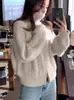 Cárdigan de Punto Grueso con Cable 100% Lana Pura para Mujer, Cuello Alto, Manga Raglán, de Cinco Agujas, Grueso, Holgado, con Cremallera