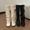 Botas compridas de duas vias com fivela de cinto estilo coreano para mulheres, coleção outono/inverno 2026, salto grosso, efeito emagrecedor, design de cano de bota, botas de alta costura de nicho