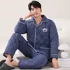 Inverno Masculino Veludo Coral Forrado Lã Cardigan Espessado Roupa de Casa Terno Acolchoado Três Camadas Pijama Tamanho Grande