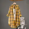 Camisa a Cuadros Transfronteriza para Mujer Delgada Ropa de Protección Solar Holgada de Algodón y Lino Top con Sentido del Diseño Abrigo de Longitud Media Camisa de Comercio Exterior