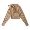 Ap25622-25 Nuevo Estilo Otoñal Camiseta Casual Corta de Manga Larga con Pliegues de Cinta y Cuello Alto Estilo Retro Europeo y Americano para Vacaciones