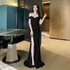 Vestido Longo Azul de Um Ombro Só Brilhante Cintura Alta Fenda Estilo Sereia para Anfitriã Festa de Banquete Slim-Fit Roupa Feminina
