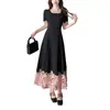 Vestido elegante de encaje patchwork talla grande para mujer, vestido largo de verano francés con cuello cuadrado, fruncido en la cintura, adelgazante, para tallas grandes