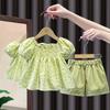 Conjunto Casual de Bolinhas Onduladas Estilo Coreano para Bebê Menina Verão Infantil Novo Cor Sólida Manga Bufante Manga Curta Conjunto de Duas Peças