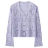 Cardigan Tricot Feminino Verão Novo 2026 Gola V Manga Longa Vazado Pompons Cor Sólida Solto Versátil Top