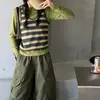 Conjunto de Dos Piezas para Niñas: Chaleco de Punto Rayado Colorido Estilo Coreano Nuevo Otoño y Top de Manga Larga Ajustado con Pantalones Cargo