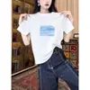 Camiseta de Algodón Puro de Manga Corta para Mujer, Estilo Nuevo 2026, Moda y Versátil, Top Azul Marino de Cuello Redondo para Verano