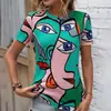 Camiseta Feminina de Moda Respirável para o Verão Manga Curta Camiseta Engraçada com Estampa Facial Abstrata 3D 2024 Nova Blusa Gola Redonda t