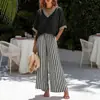 Conjunto de Traje de Algodón y Lino Nuevo de Verano para Mujer Top Holgado de Manga Corta con Cuello en V Pantalones de Pierna Ancha Rayados Conjunto de Dos Piezas Casual Transfronterizo