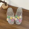 Sandalias Dulces de Estilo Hada con Lazo, Zapatos de Cristal, Sandalias con Punta de Flor, Sandalias Planas con Cuentas de Moda de Verano para Mujer