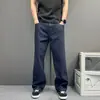 Pantalones vaqueros retro estilo Hong Kong, color original para hombre, azul oscuro, ligeramente acampanados, pierna recta, corte holgado, adelgazantes, nostálgicos, casuales, largos