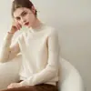 Suéter de cachemira 100% pura de doble hebra engrosada para mujer, cuello semialto, dobladillo enrollado, jersey holgado, estilo minimalista, capa base
