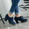 Sapatos de Couro Camurça para Primavera e Outono, Sapatos de Salto Alto com Corte Profundo para Mulheres, Sapatos de Salto Grosso com Cadarço, Botas de Cano Curto Estilo Britânico com Bico Arredondado para Mulheres