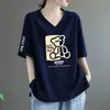 Camiseta de Manga Corta de Algodón de Imitación Estilo Nuevo para Mujer, Verano Estampada Cuello en V Holgada Talla Grande Moda Casual Tops para Mediana Edad