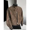 Chaqueta para hombre, chaqueta de cuero PU de estilo americano moderno, cuello alto, estilo motociclista, corte holgado, casual, versátil, prenda exterior de primavera para hombre
