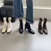 2025 Novas Botas Curtas da Moda Estilo Coreano Outono e Inverno Salto Alto Zíper Traseiro Botas Slim Salto Grosso Francês Bico Quadrado Botas Curtas para Mulheres