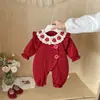 Roupas de Bebê Primavera Novo Estilo Fofo Menina Bebê Primavera Macacão de Manga Longa de Camada Dupla Vermelho Festivo Vestido de Um Ano