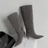 Elegantes Botas Longas Cinzas Emagrecedoras para Mulheres, Novo Estilo Outono e Inverno 2025, Bico Fino, Salto Fino, Botas Retas Simples Empilhadas