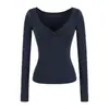 Top Sexy de Chica Caliente con Cuello en V Profundo Torcido de Lana de Manga Larga Otoño e Invierno Nuevo Aspecto Adelgazante Cintura Camiseta Básica