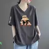 Camiseta de Manga Corta con Cuello en V para Mujer de Comercio Exterior Transfronterizo, Sencilla Talla Grande Nuevo Estilo Chino Top Holgado de Gama Alta