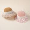 Sombrero de Paja con Encaje de Flor de Verano Sombrilla Sombrero Decorativo con Lazo y Perla para Niña Sombrero de Sol para Vacaciones
