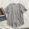 Camiseta de Manga Corta con Cuello Redondo a Rayas de Lino y Algodón, Holgada, Estilo Perezoso, Refrescante y Transpirable, Reductora de Edad, Versátil, Aspecto Adelgazante, Top de Verano para Mujer