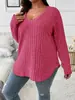 2024 Amazon Otoño e Invierno Nuevo Top de Color Sólido Talla Grande para Mujer Cuello en V Manga Larga Camiseta de Canalé Cepillada Holgada Pulóver