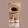 Conjunto Fofo de Chapéu e Cachecol de Urso para Mulheres, Novo Estilo Outono e Inverno, Protetor de Pescoço com Forro de Fleece, à Prova de Frio e Quente, Chapéu Fofo com Proteção para Orelhas