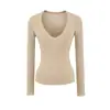Top de Punto Blanco con Cuello en V y Mangas Largas Estilo Pure Desire para Mujer, Temporada de Primavera, Capa Base Elástica Ajustada, Camiseta Interior Adelgazante, Top Ligeramente Transparente
