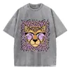 [Transfronteiriço 230g] Camiseta Feminina Retro Lavagem Ácida Estampa de Leopardo Estampa de Desenho Animado Gola Redonda Algodão Manga Curta Moda