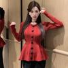 Suéter Tejido Rojo con Lazo Invierno 2024 Nuevo Adelgazante de Cintura Moda Retro Elegante Top Combinable Mujer
