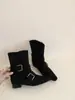 Botas Curtas Quadradas de Salto Grosso Estilo Retro Francês de Nicho para Mulheres 2025 Novo Estilo Botas Western Botas de Cano Médio Botas Femininas