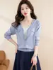 Cárdigan de punto de manga larga de seda helada directo de fábrica para mujer, Camiseta básica de punto con cuello en V, Chaqueta estilo Chanel con hilos brillantes