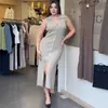 Nuevo Vestido de Punto Gris Elegante con Ceñidor en la Cintura para Commuter, Falda Larga para Mujer, Novedad Europea y Americana de Amazon 2025