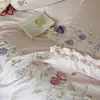 Juego de ropa de cama bordado de tres piezas de algodón peinado de fibra larga estilo femenino, juego de cuatro piezas de algodón puro, sábana bajera, funda de edredón y sábana encimera de algodón, ropa de cama para niñas