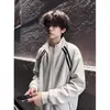 Chamarra con cremallera y cuello mao estilo japonés transfronteriza, corte holgado, versátil, elegante, diseño minimalista americano, chamarra a rayas, sudadera para hombre