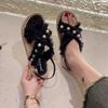¡Las Sandalias de Paja con Perlas Son Tan Hermosas para el Verano! Pantuflas Estilo Hada, Sandalias Romanas, Sandalias de Moda para Estudiantes